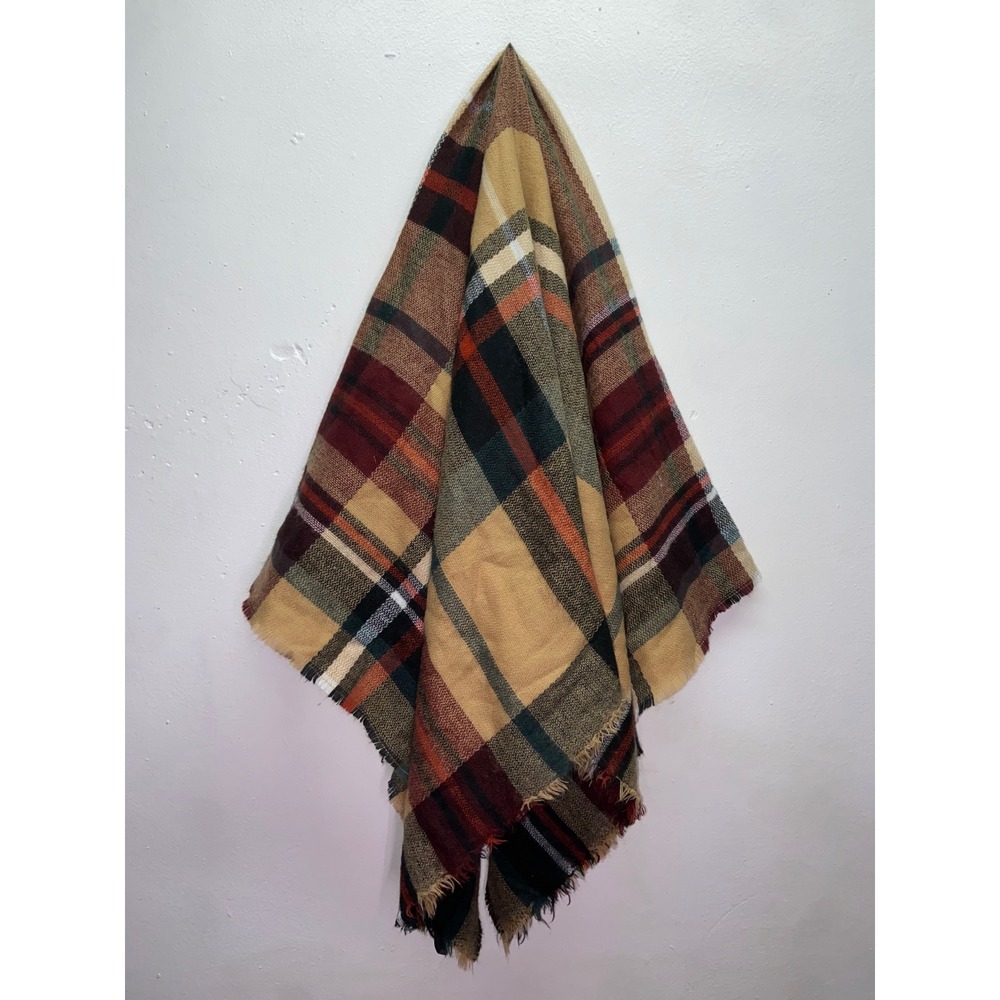 D&Y Cozy Plaid Blanket Scarf Shawl Oversized Square Frayed Edge Fall Academia